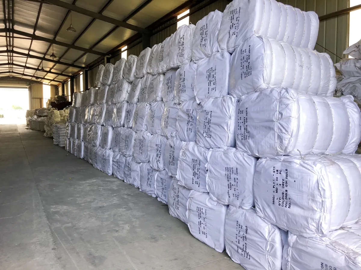 White net bales stacked in the finished goods warehouse