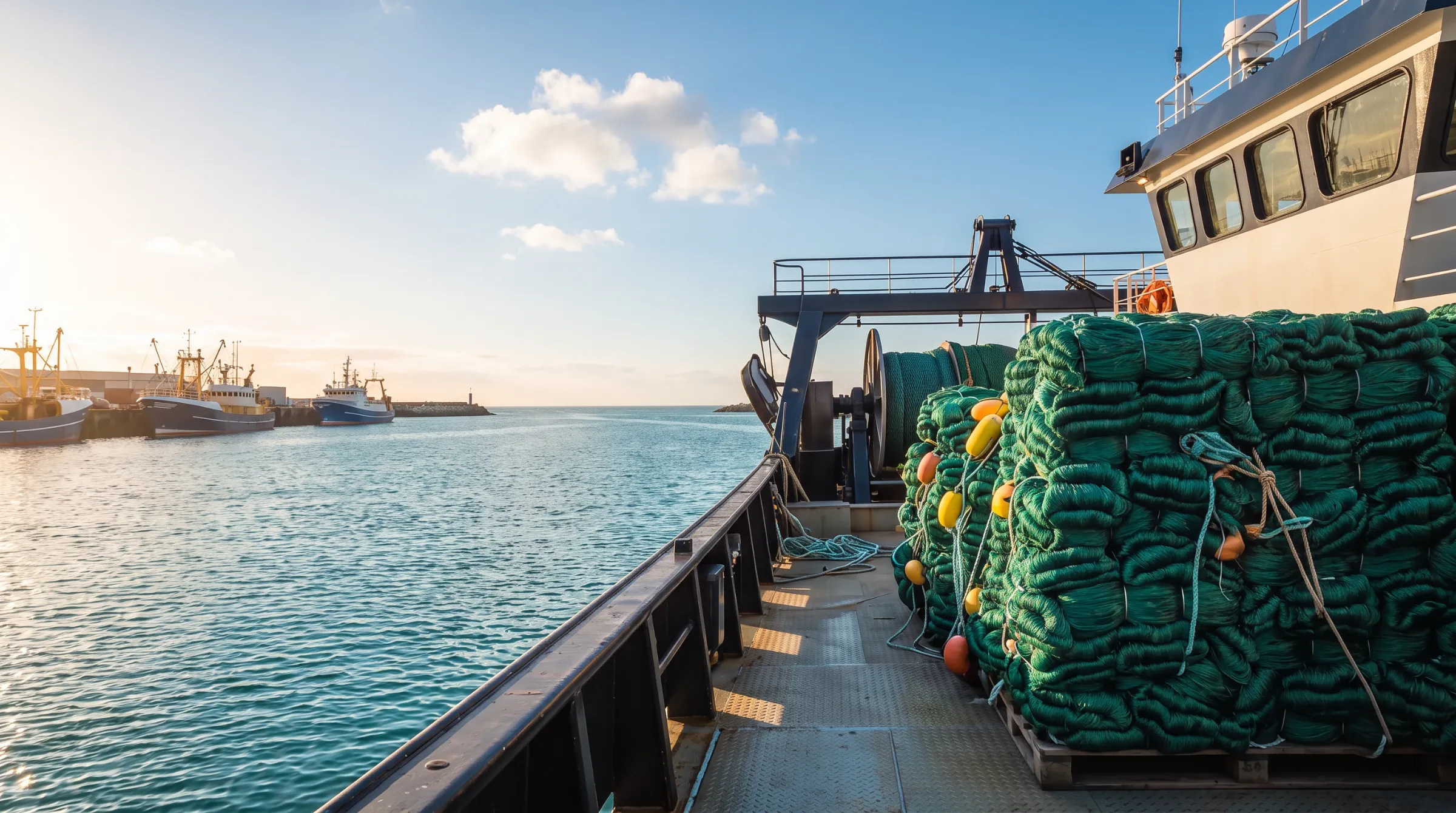 Bundles of green PE fishing nets with floats on a fishing vessel deck in a sunny harbour