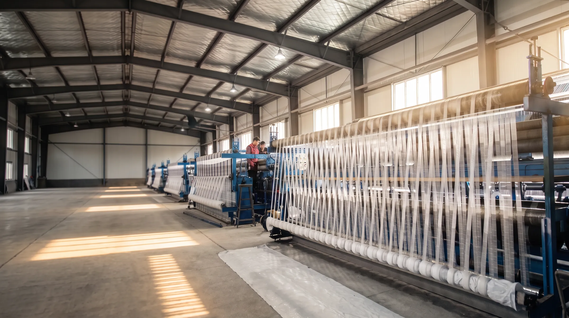 Netting machines producing white nets in the Winstrong factory hall in morning light