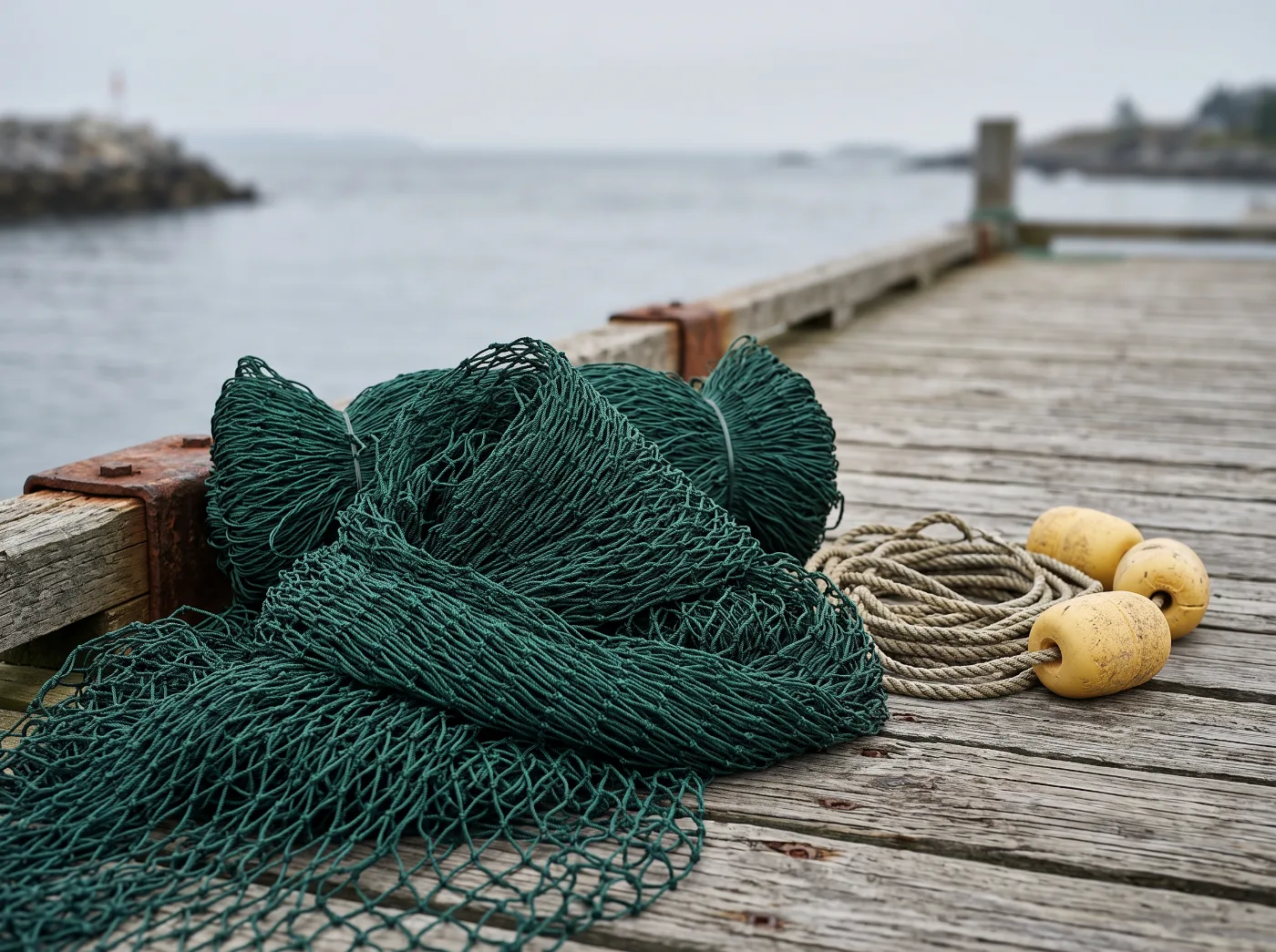Dark green knotted PE fishing net with rope and yellow floats on a wooden dock