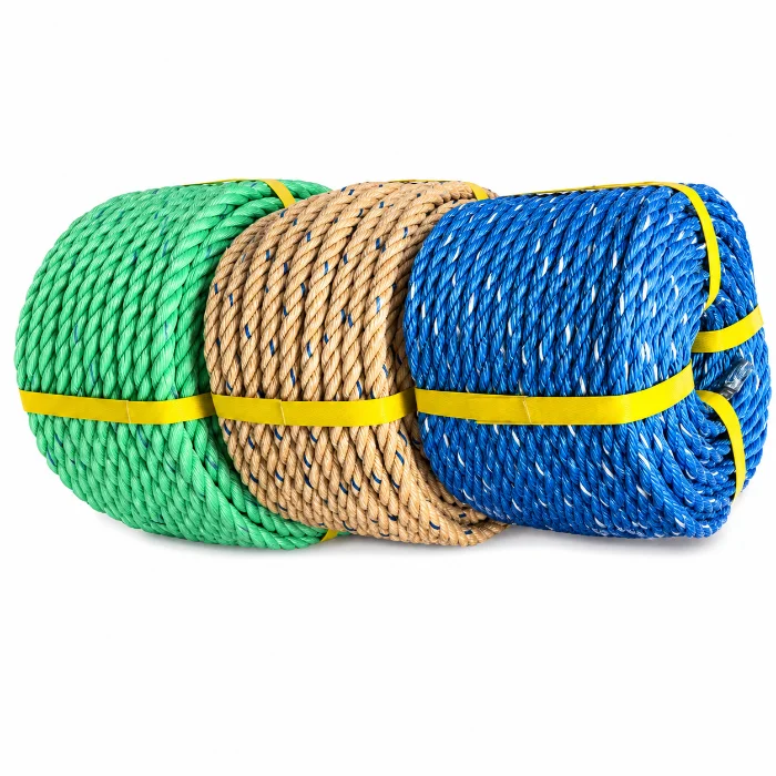 Coils of PP fishing rope in green, beige and blue