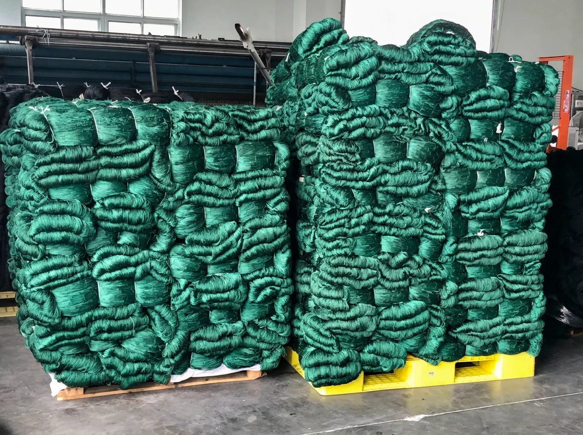 Green fishing nets packed in bales on pallets