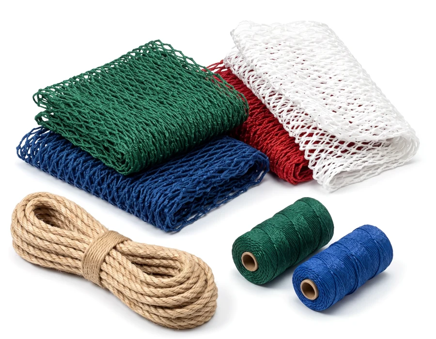 Knotted nylon net samples in several colours with rope and twine spools
