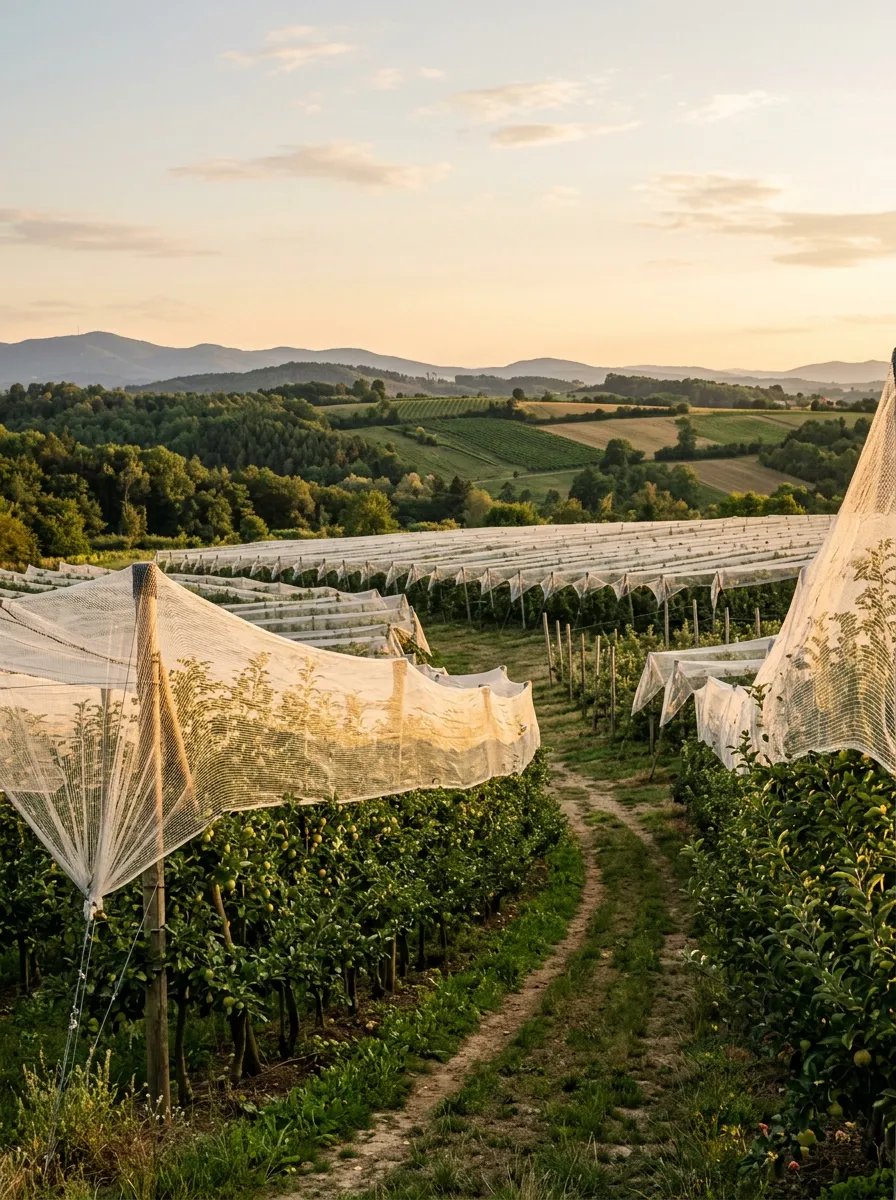 Orchard covered with white protective netting