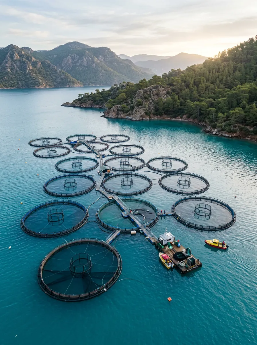 Aerial view of round aquaculture net pens in a bay