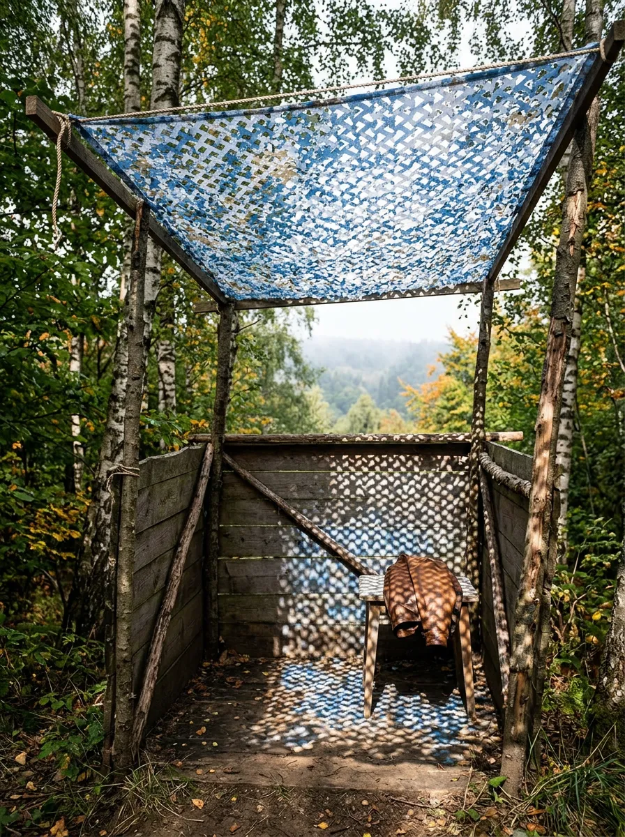 Camouflage net used as a sunshade in a forest clearing
