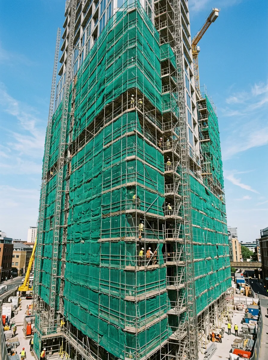 Green safety netting on the scaffolding of a building under construction
