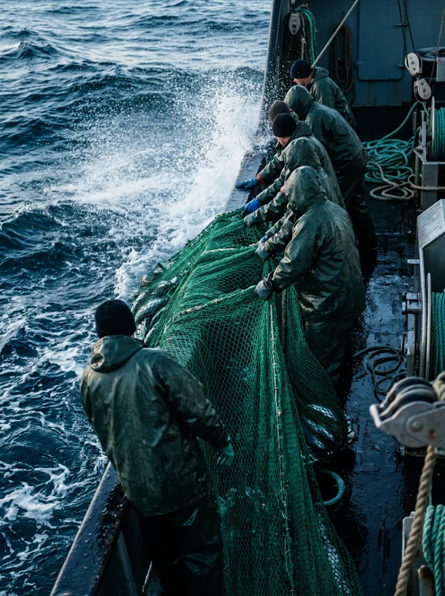 Fishermen hauling a green fishing net aboard a boat at sea