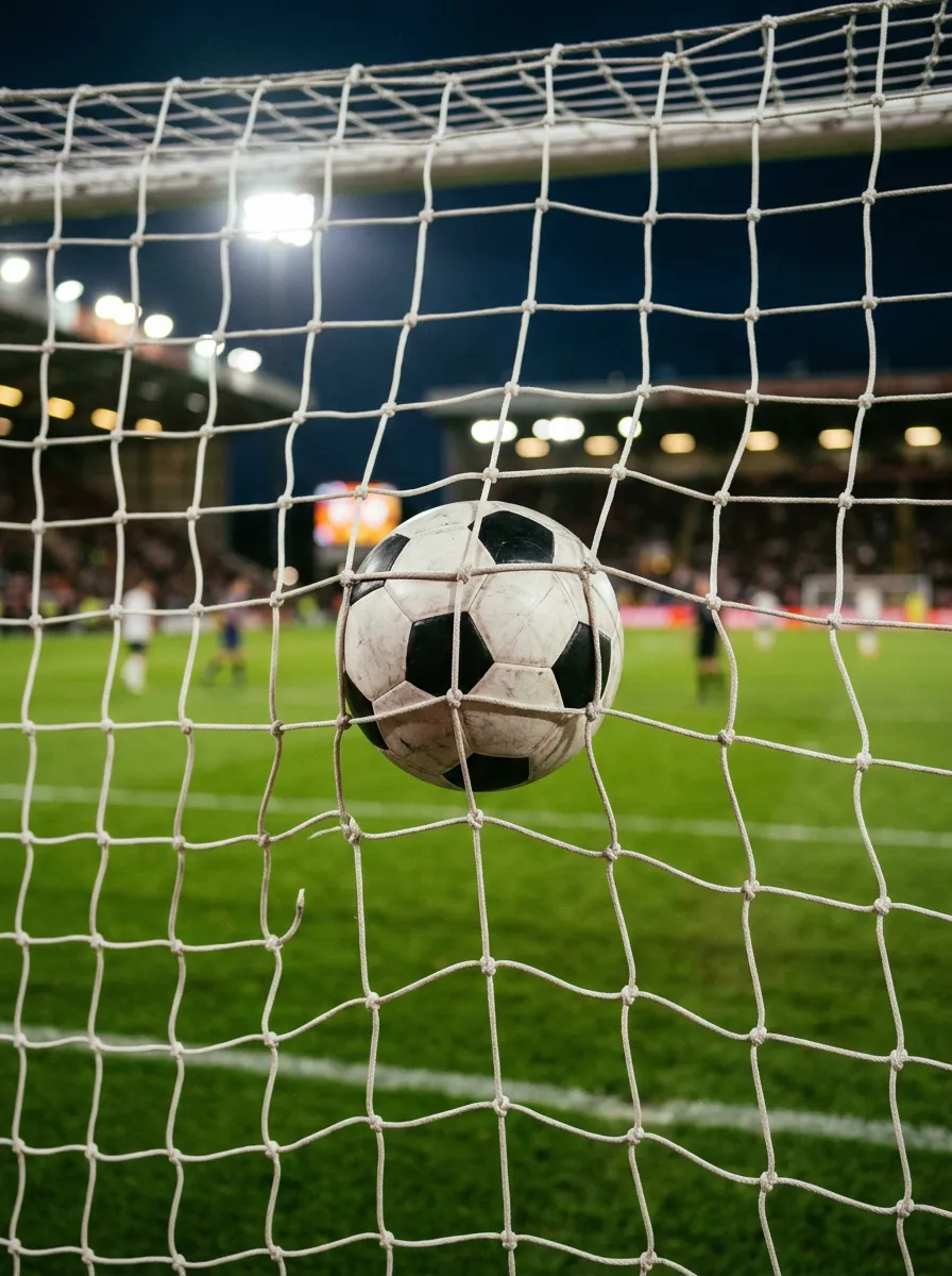 Football hitting a white knotted goal net