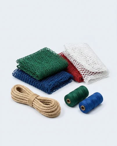 Net samples in PE, nylon and polyester with twine spools and rope
