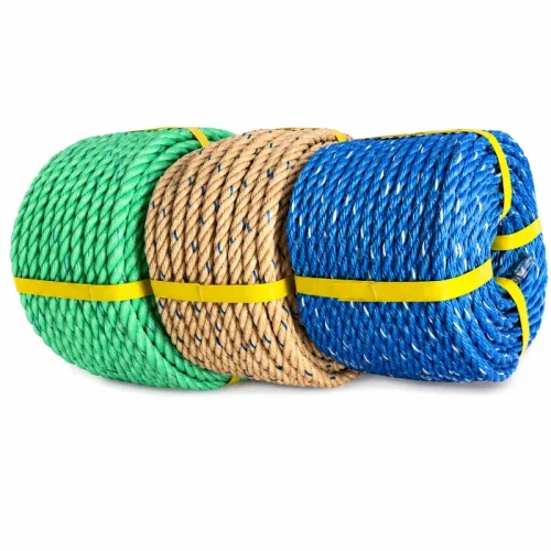 Coil of PP danline rope in green, beige and blue